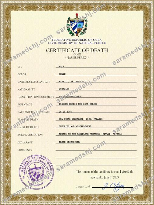 Cuba vital record death certificate PSD template